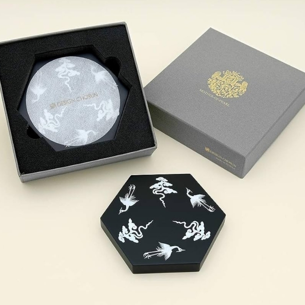 Mother of pearl Inlay cranes bird cloud design set of 2 wood hexagonal coasters